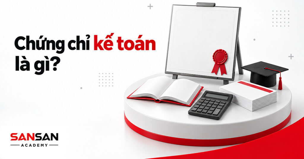 Tấm chứng chỉ kế toán có dấu đỏ đặt trên giá cạnh sách kế toán, máy tính, sổ sách và mũ tốt nghiệp