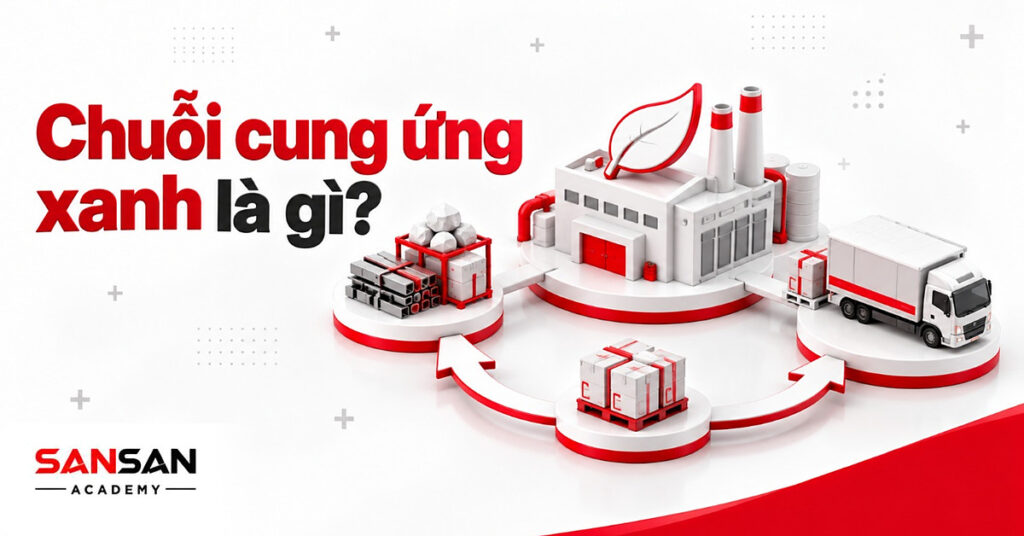 Nhà máy nối thùng nguyên liệu với xe giao hàng và vòng thu hồi pallet minh họa chuỗi cung ứng xanh