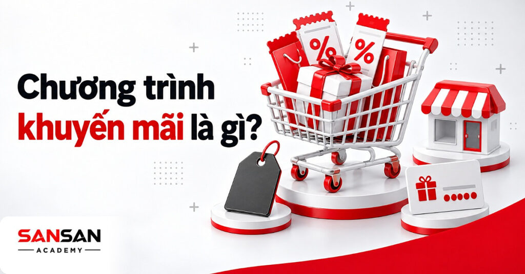 Xe đẩy mua sắm chứa hộp quà, phiếu giảm giá và sản phẩm thắt nơ đỏ minh họa chương trình khuyến mãi