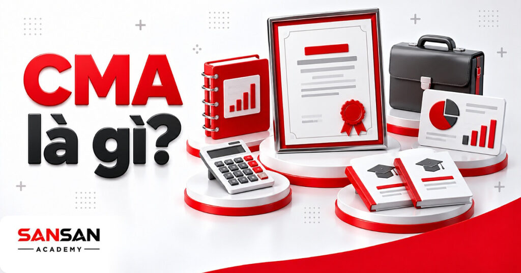 Chứng chỉ CMA đóng khung đỏ đặt giữa sổ ngân sách, máy tính, hai cuốn đề thi và biểu đồ chi phí