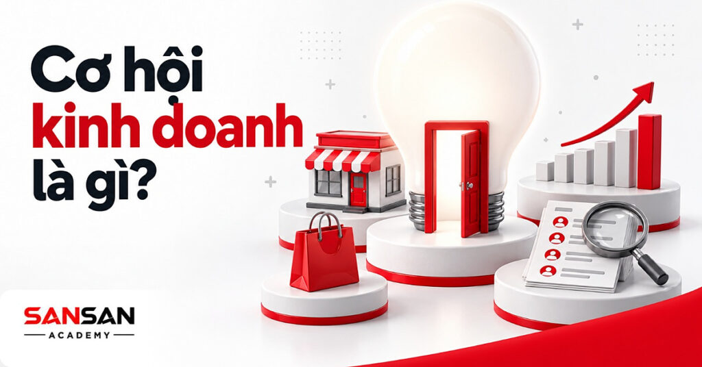Bóng đèn lớn có cánh cửa đỏ, quanh là cửa hàng, túi mua sắm, biểu đồ và kính lúp, minh họa cơ hội kinh doanh