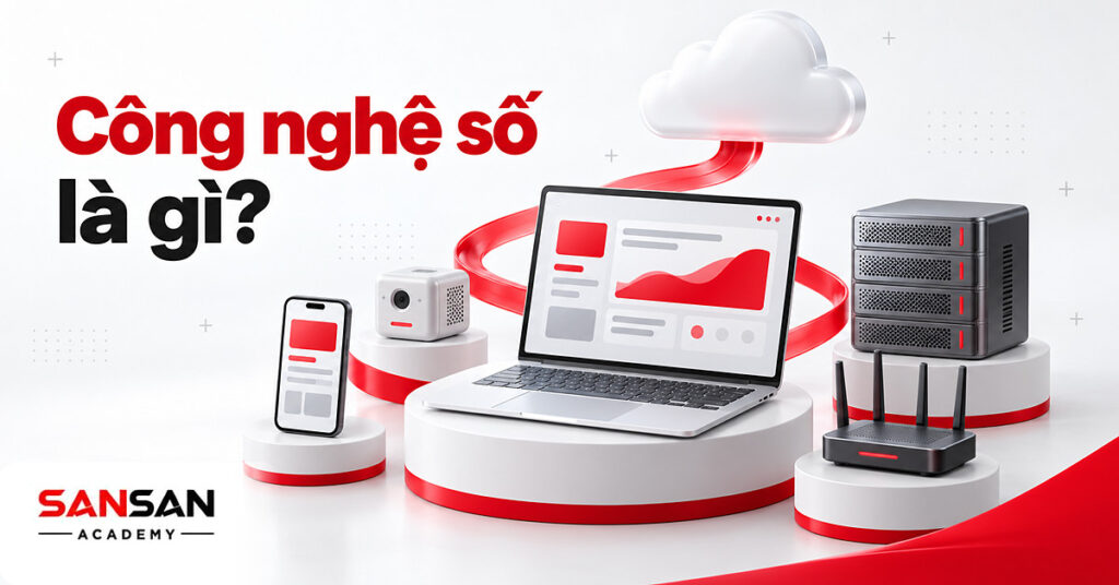 Máy tính truyền dòng mã nhị phân lên đám mây cùng điện thoại, cảm biến và máy chủ minh họa công nghệ số