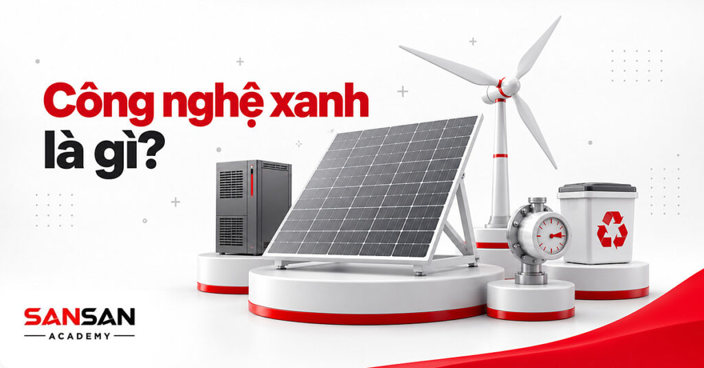 Tấm pin mặt trời, tua bin gió, tủ lưu trữ điện và thùng tái chế minh họa công nghệ xanh là gì