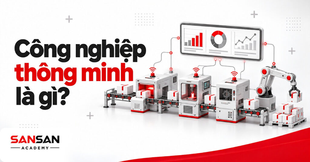 Dây chuyền trắng gắn cảm biến đỏ nối về màn hình dữ liệu và cánh tay robot minh họa công nghiệp thông minh