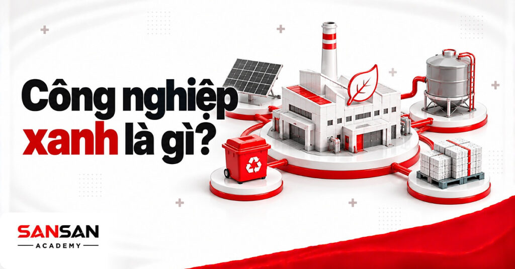 Mô hình nhà máy trắng có lá cắt giấy viền đỏ cạnh tấm pin, thùng tái chế và bể nước minh họa công nghiệp xanh