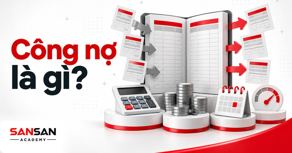 Sổ theo dõi công nợ mở hai trang phải thu và phải trả, kèm lịch đến hạn, máy tính và đồng hồ dòng tiền