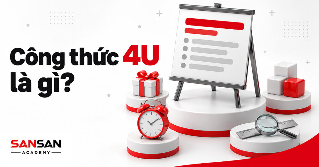 Thẻ headline trên giá vẽ giữa hộp quà, đồng hồ báo thức, khối đỏ và thước kẻ minh họa công thức 4U