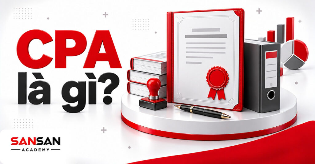 Chứng chỉ CPA có dấu đỏ cạnh hồ sơ kiểm toán, tập đề thi, bút ký và con dấu báo cáo