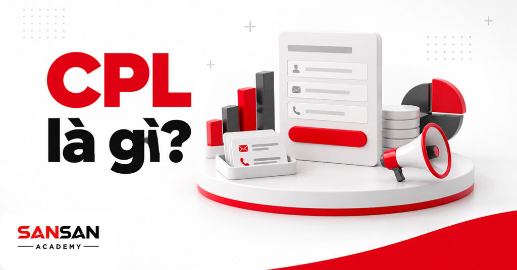 Thẻ biểu mẫu đăng ký nút đỏ cạnh chồng xu, loa và khay thẻ liên hệ minh họa chỉ số CPL