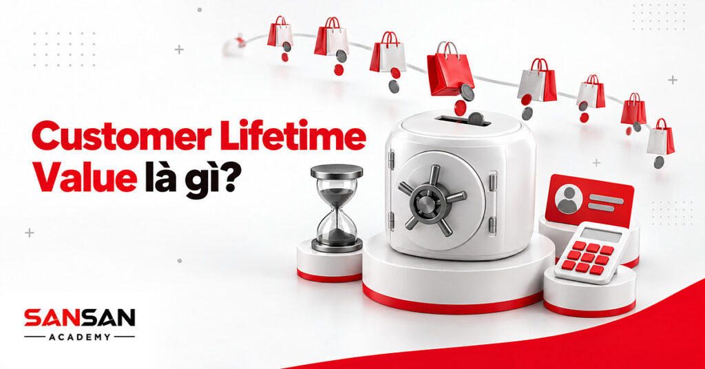 Két tiền lớn nhận dần đồng xu từ chuỗi túi mua sắm nối tiếp, minh họa Customer Lifetime Value theo thời gian