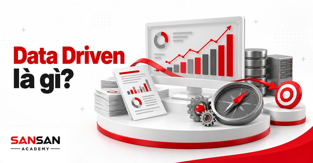 Màn hình biểu đồ, thẻ dữ liệu, máy chủ và cờ quyết định minh họa Data Driven là gì