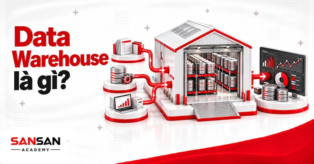 Mô hình nhà kho trắng xếp các khối cơ sở dữ liệu, nhận dữ liệu từ nhiều nguồn và cấp cho dashboard minh họa Data Warehouse