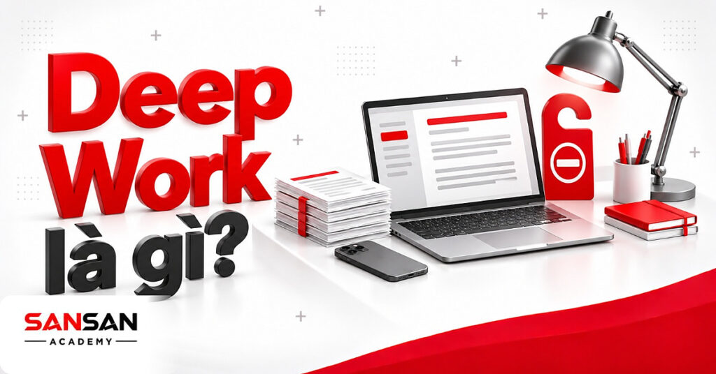 Bàn làm việc gọn với laptop, tài liệu, điện thoại úp và biển đóng cửa minh họa Deep Work