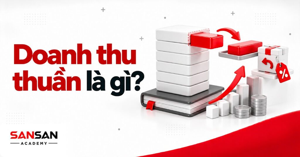 Chồng khối doanh thu được rút ra phần giảm trừ màu đỏ với hộp hàng trả lại và thẻ giảm giá, phần còn lại là doanh thu thuần