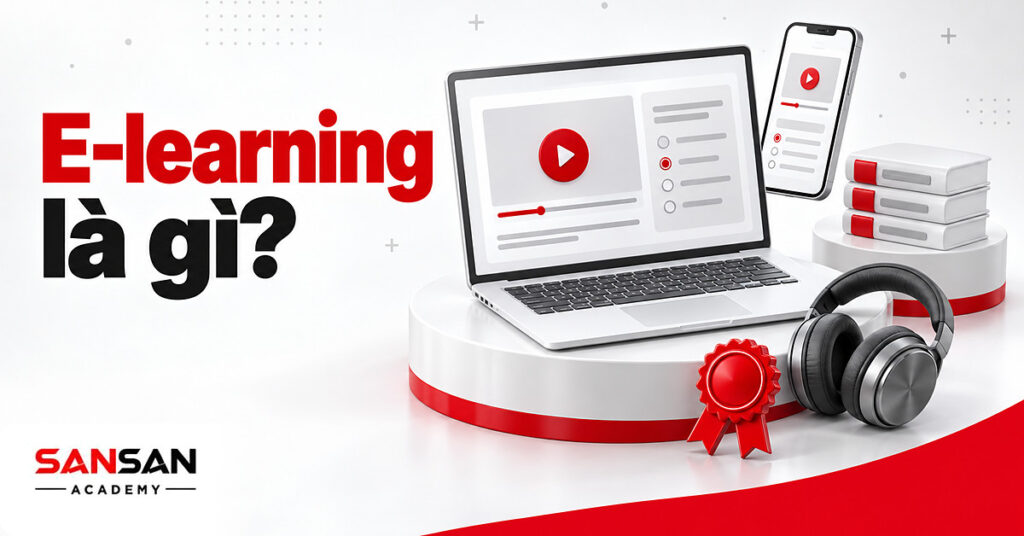Laptop mở trang khóa học E-learning với video, bài kiểm tra, thanh tiến độ, bên cạnh điện thoại và chứng nhận