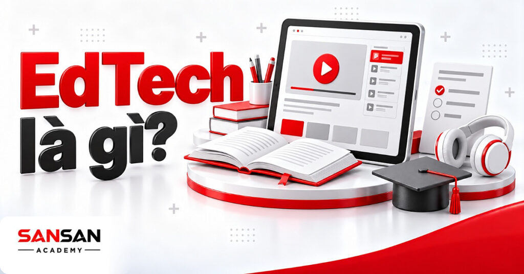 Máy tính bảng mở bài học giữa sách, phiếu trắc nghiệm, tai nghe và mũ tốt nghiệp minh họa EdTech là gì