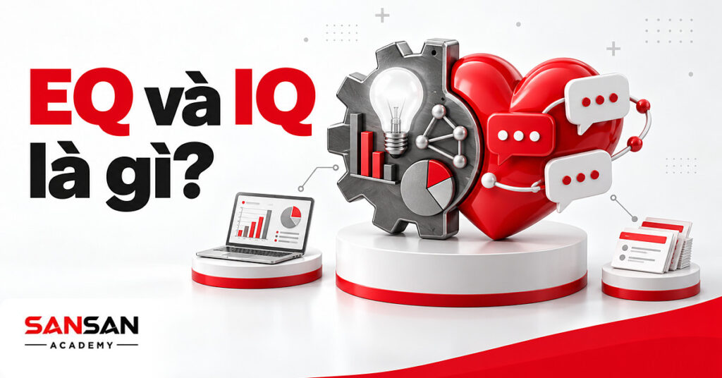 EQ và IQ là gì: biểu tượng bánh răng, bóng đèn cho tư duy phân tích ghép cùng trái tim đỏ cho trí tuệ cảm xúc.