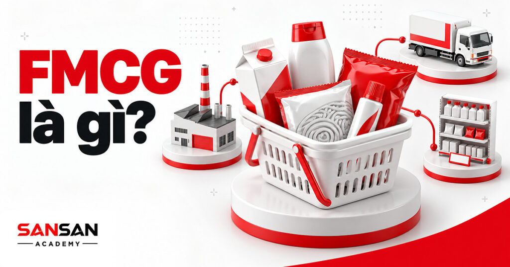 Giỏ hàng FMCG gồm sữa, mì gói, dầu gội, kem đánh răng, nối với nhà máy, xe tải và kệ hàng ở điểm bán