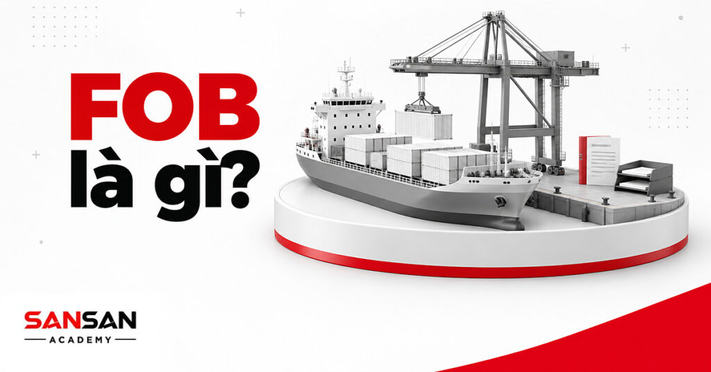 Cần cẩu cảng xếp container trắng lên tàu hàng xám cạnh hợp đồng vận chuyển minh họa FOB