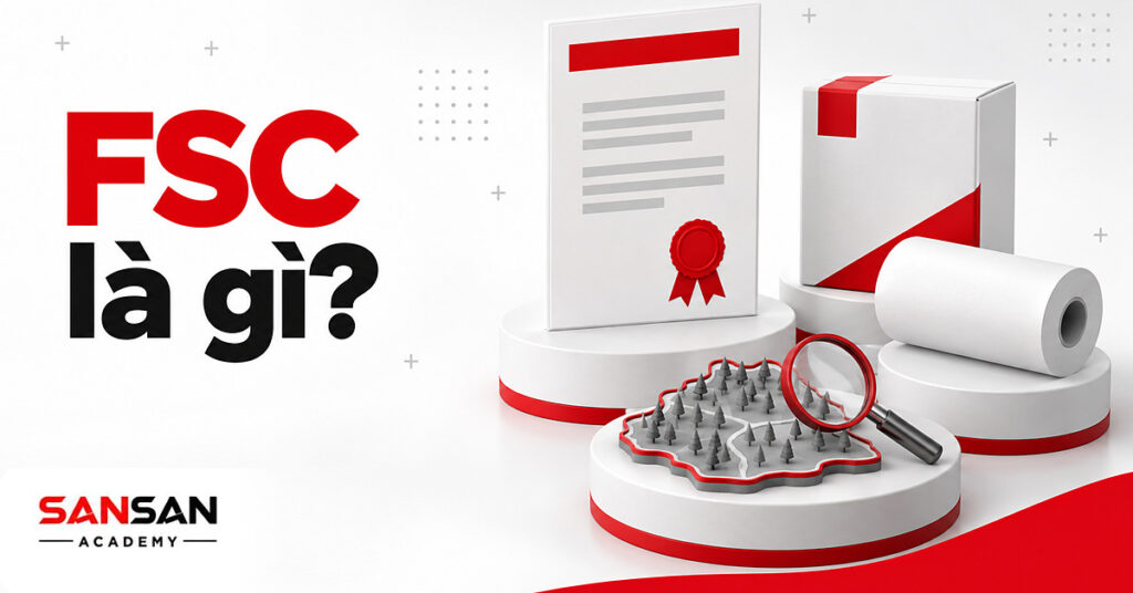 Chứng chỉ FSC có dấu đỏ đặt cạnh hộp giấy, cuộn giấy, kính lúp và bản đồ khu rừng có đường ranh giới