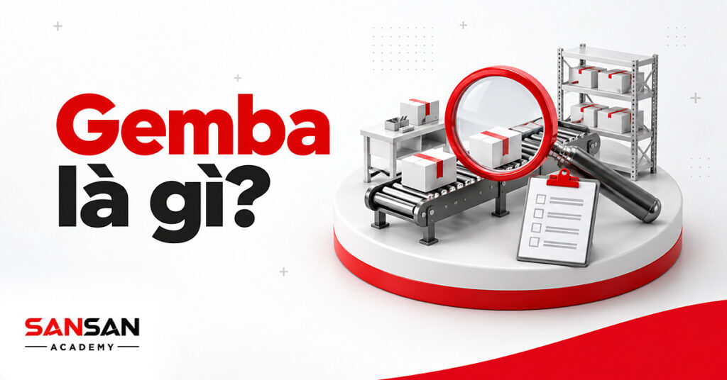 Khu sản xuất thu nhỏ với kính lúp và biểu mẫu quan sát minh họa Gemba, nơi công việc thực sự diễn ra
