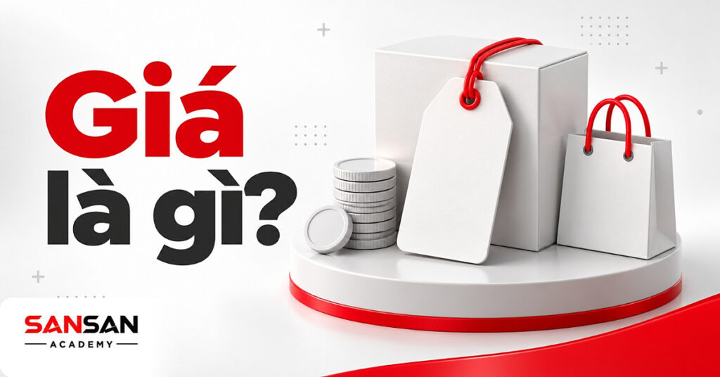 Thẻ giá trắng buộc dây đỏ treo trên hộp sản phẩm cạnh chồng xu và túi mua sắm minh họa khái niệm giá