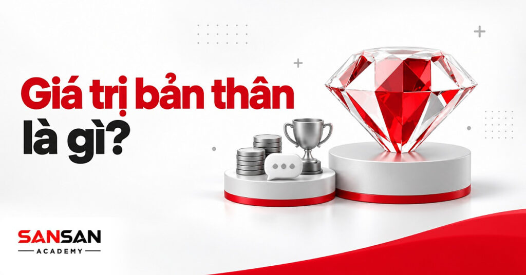Viên đá quý trắng nhân đỏ đặt cao hơn đồng xu, cúp và bong bóng lời khen minh họa giá trị bản thân