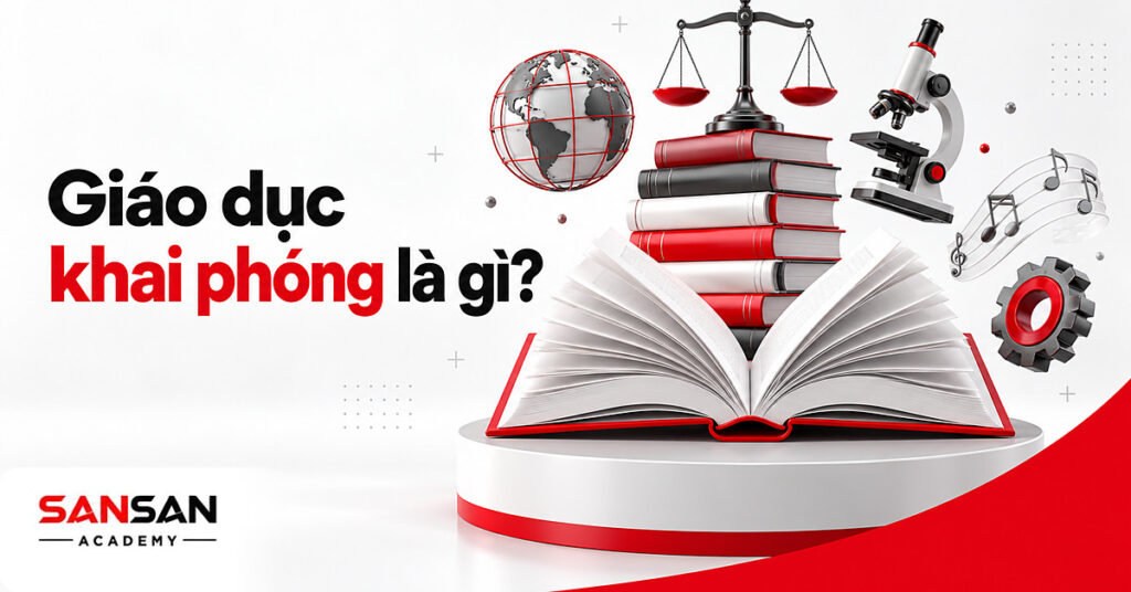 Cuốn sách mở tỏa ra biểu tượng nhiều lĩnh vực cạnh chồng sách chuyên môn cao, minh họa giáo dục khai phóng