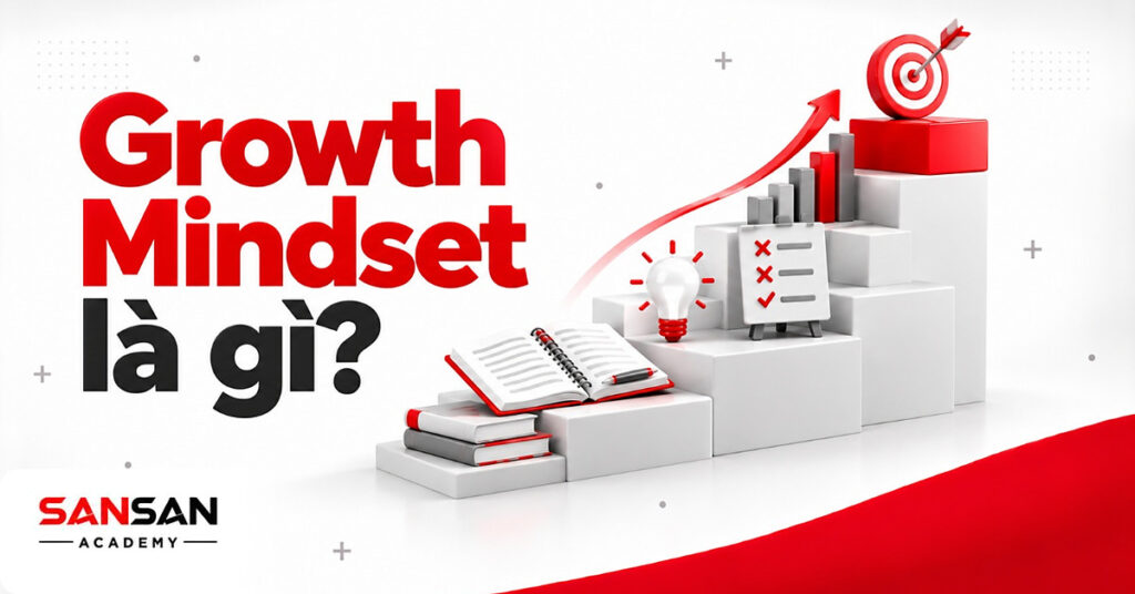 Cầu thang khối trắng đỉnh đỏ với sổ ghi chép, bóng đèn và bảng luyện tập minh họa Growth Mindset