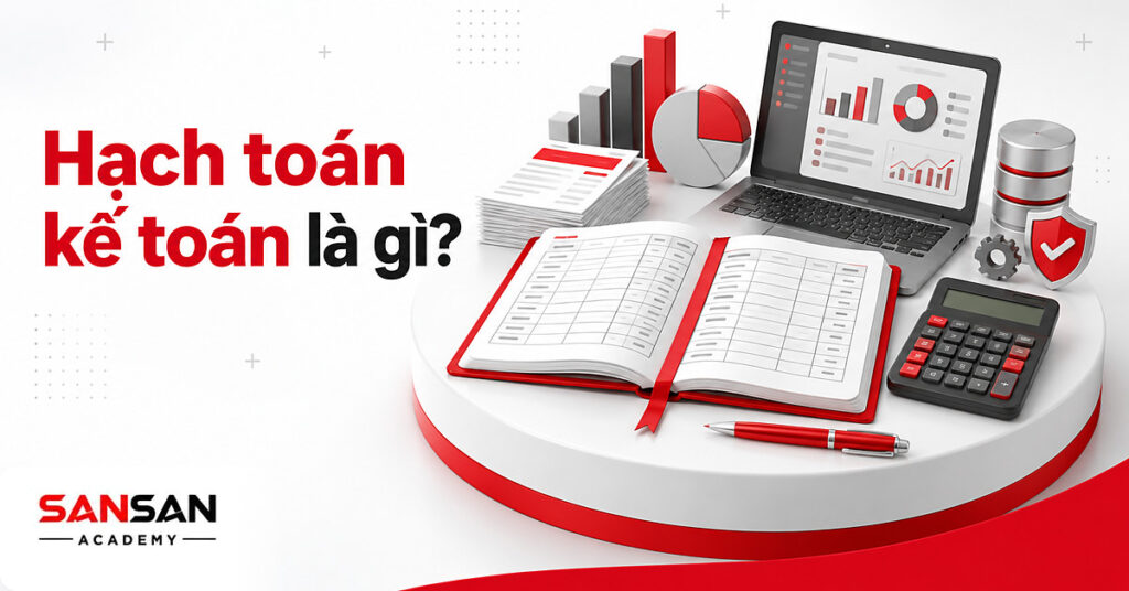 Sổ kế toán mở hai trang Nợ Có cùng chứng từ, máy tính và laptop minh họa hạch toán kế toán