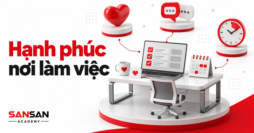Bàn làm việc gọn có laptop việc đã xong, lịch cân đối và thẻ cảm ơn, gợi tả hạnh phúc nơi làm việc