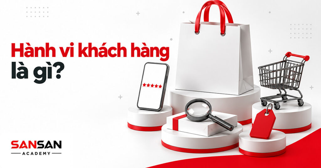 Túi mua sắm giữa điện thoại xem đánh giá, kính lúp, thẻ giá và xe đẩy minh họa hành vi khách hàng