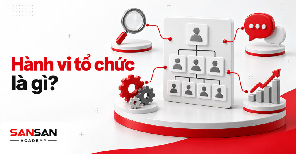Sơ đồ tổ chức với hồ sơ icon avatar nối kính lúp, bong bóng hội thoại, bánh răng, minh họa hành vi tổ chức