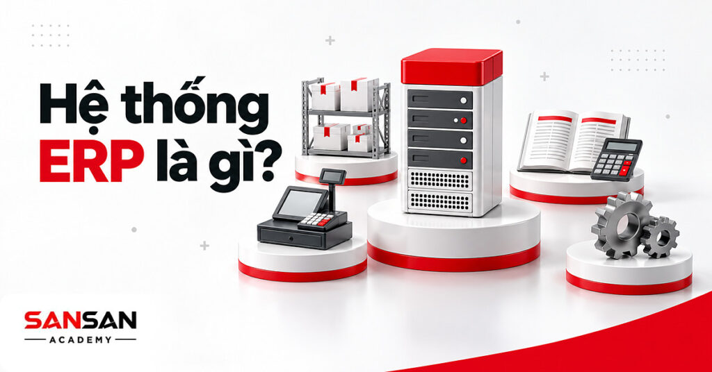 Khối máy chủ trung tâm nối với quầy bán hàng, kệ kho, sổ kế toán và bánh răng sản xuất minh họa hệ thống ERP