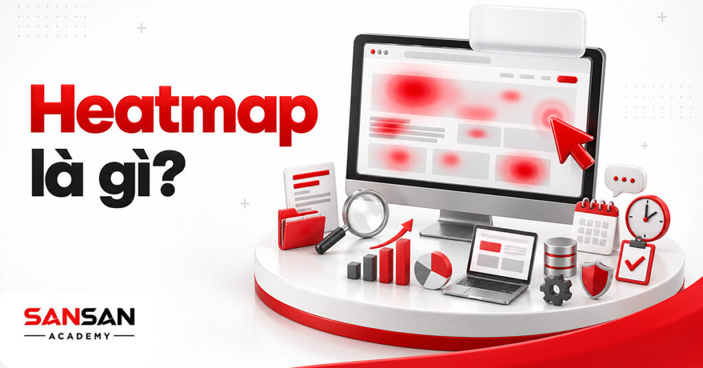 Màn hình lớn hiển thị trang web phủ heatmap với vùng đỏ đậm ở nơi người dùng tương tác nhiều