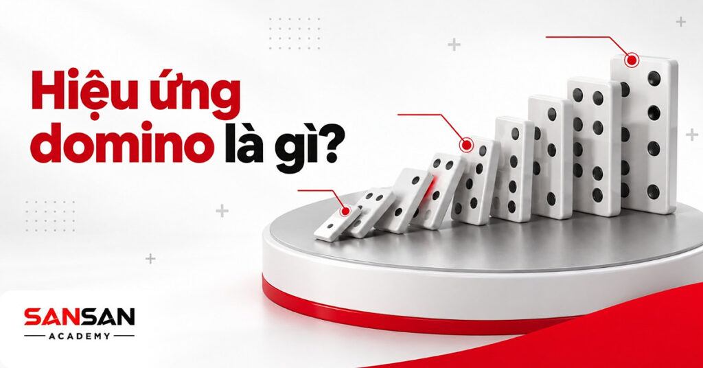 Hàng quân domino trắng chấm đen lớn dần, quân nhỏ đầu tiên đổ vào quân kế tiếp, minh họa hiệu ứng domino