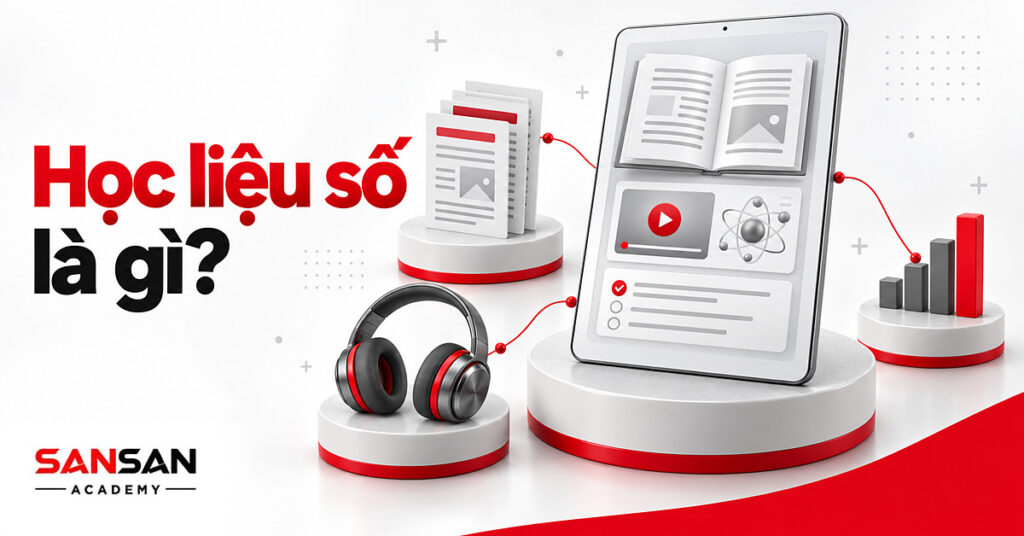 Máy tính bảng mở giáo trình điện tử, video bài giảng và câu hỏi có dấu tích đỏ, minh họa học liệu số