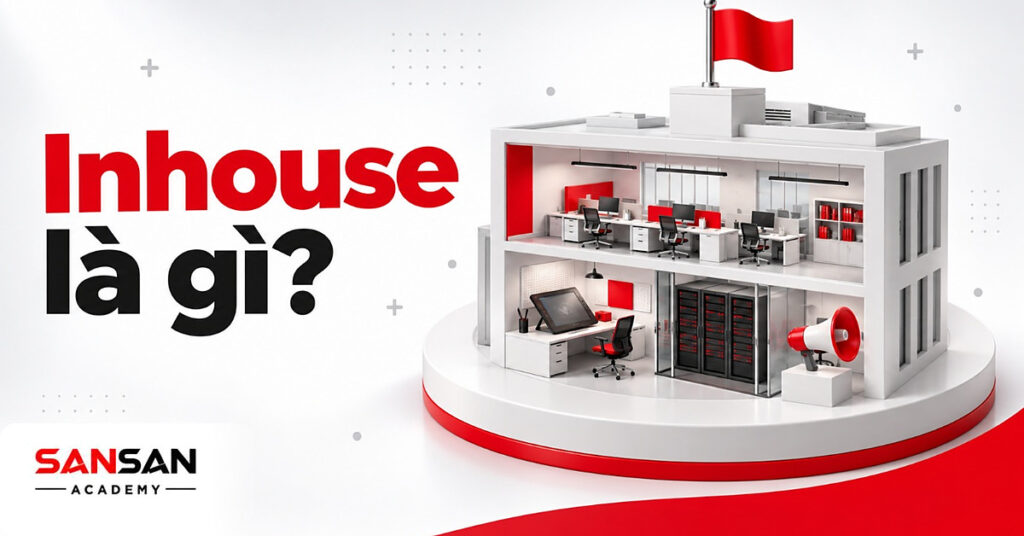 Mô hình văn phòng inhouse mở mặt trước với máy tính, bảng vẽ, tủ máy chủ và loa phát thanh bên trong