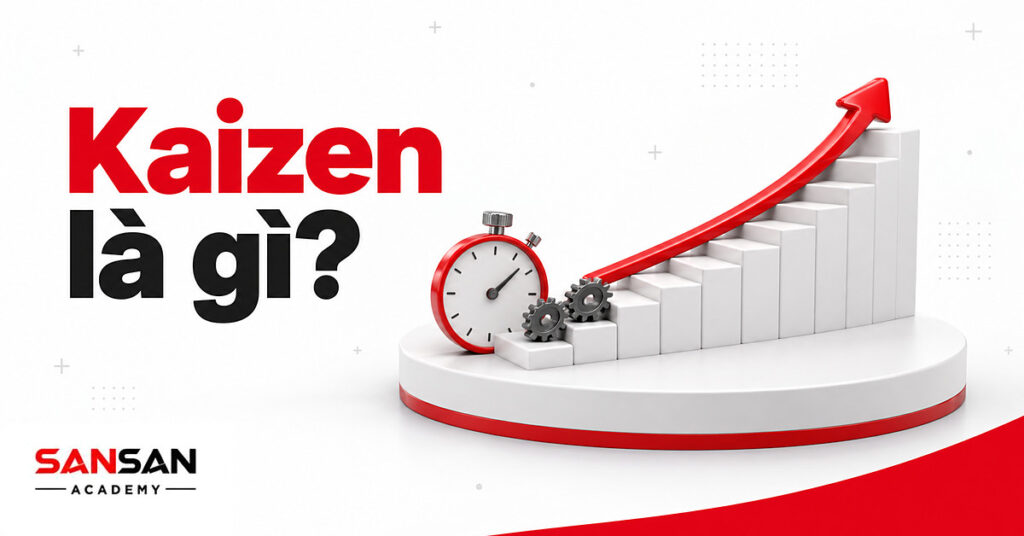 Cầu thang nhiều bậc nhỏ đi lên với mũi tên đỏ và đồng hồ bấm giờ minh họa triết lý cải tiến Kaizen