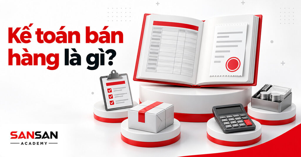 Sổ kế toán bán hàng mở cạnh đơn hàng, thùng hàng giao, máy tính và khay tiền thu