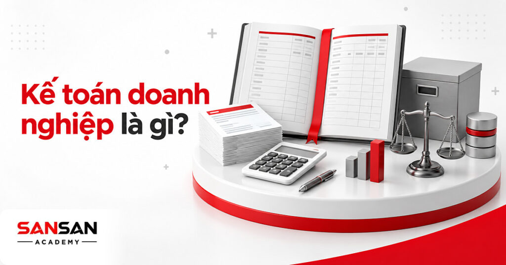 Sổ kế toán doanh nghiệp mở lớn ở giữa, xung quanh là hóa đơn, hợp đồng, máy tính, hộp lưu trữ và cán cân