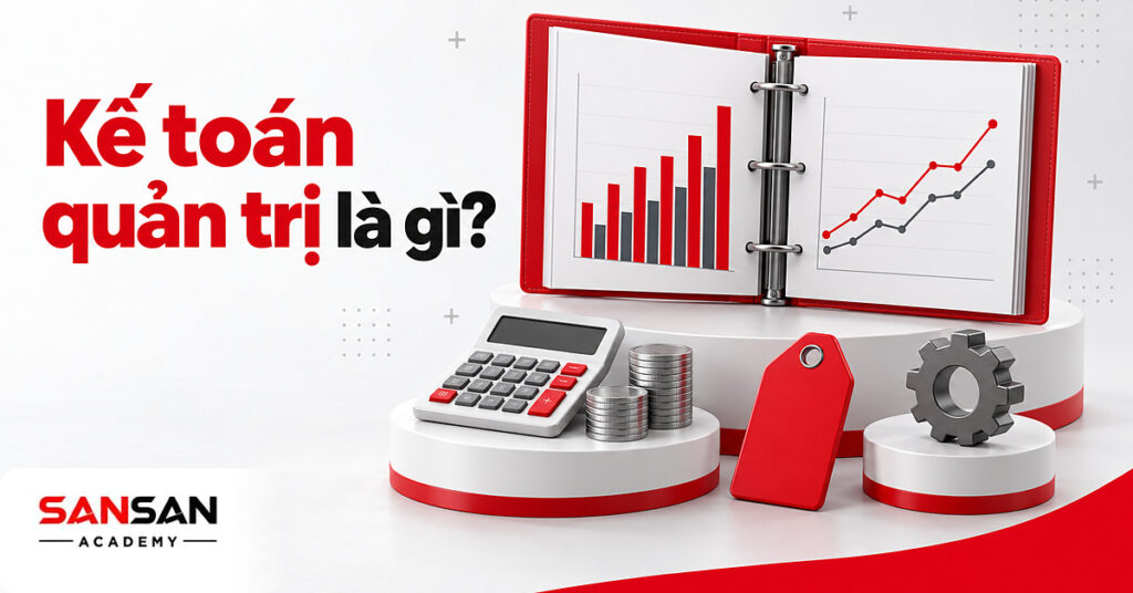Bìa báo cáo kế toán quản trị mở biểu đồ chi phí và lợi nhuận, bên cạnh thẻ giá, máy tính, xấp xu và bánh răng