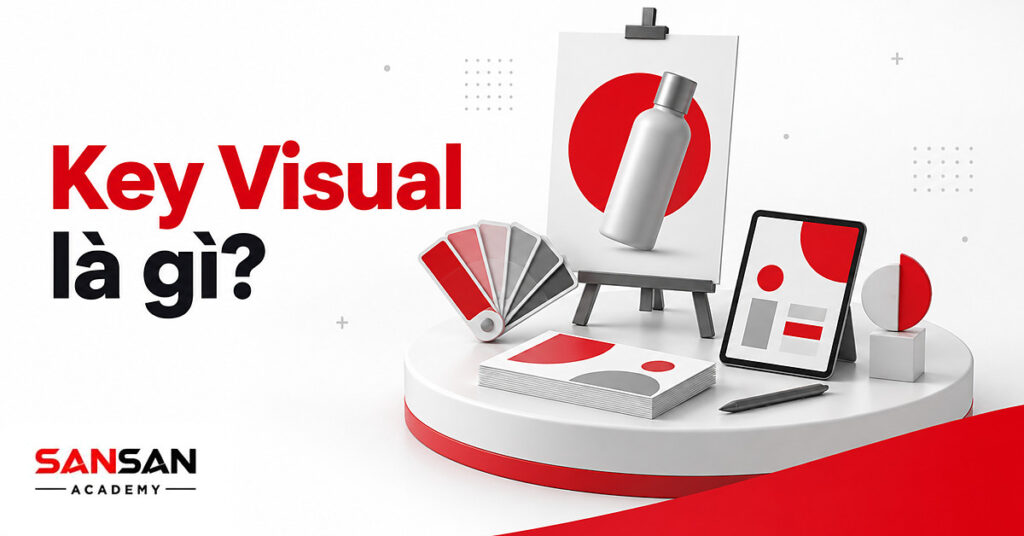 Bảng Key Visual lớn trên giá vẽ, xung quanh là quạt mẫu màu, chồng banner, máy tính bảng và standee