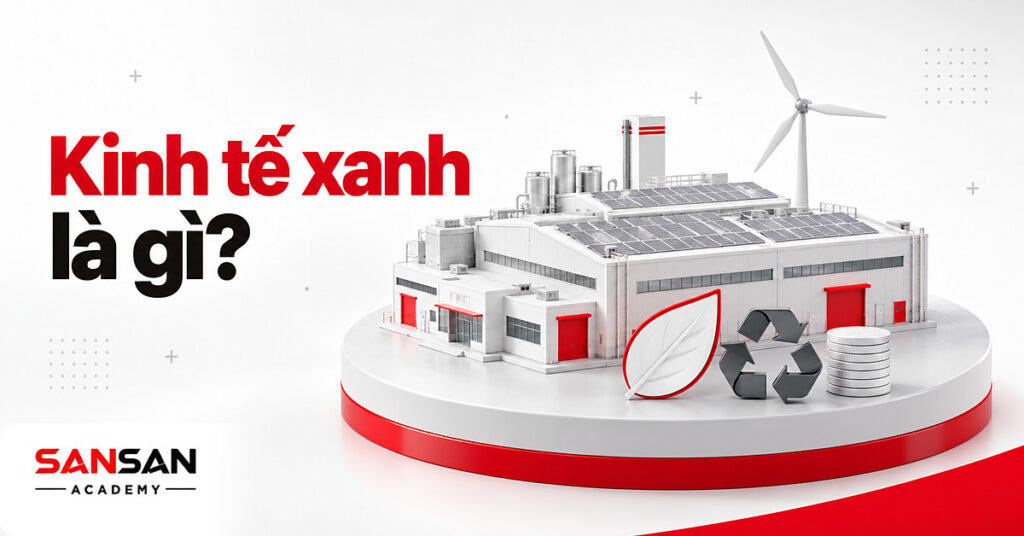 Mô hình nhà máy mái pin mặt trời cạnh tua bin gió, vòng tái chế và chồng xu minh họa kinh tế xanh