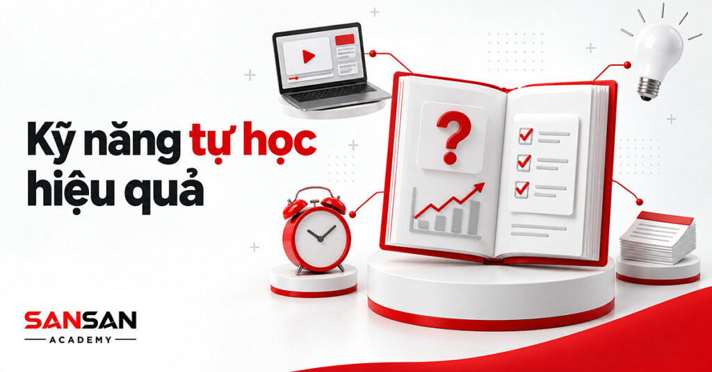 Cuốn sách mở lớn ở giữa, quanh là laptop, đồng hồ, thẻ ghi chú và bóng đèn minh họa kỹ năng tự học hiệu quả