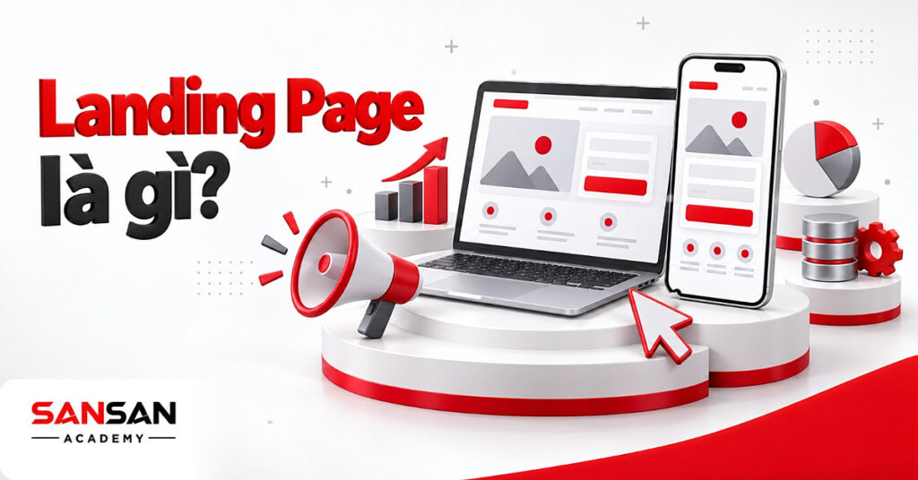 Điện thoại và máy tính xách tay hiển thị cùng một Landing Page có phần đầu trang, biểu mẫu ngắn và nút đỏ