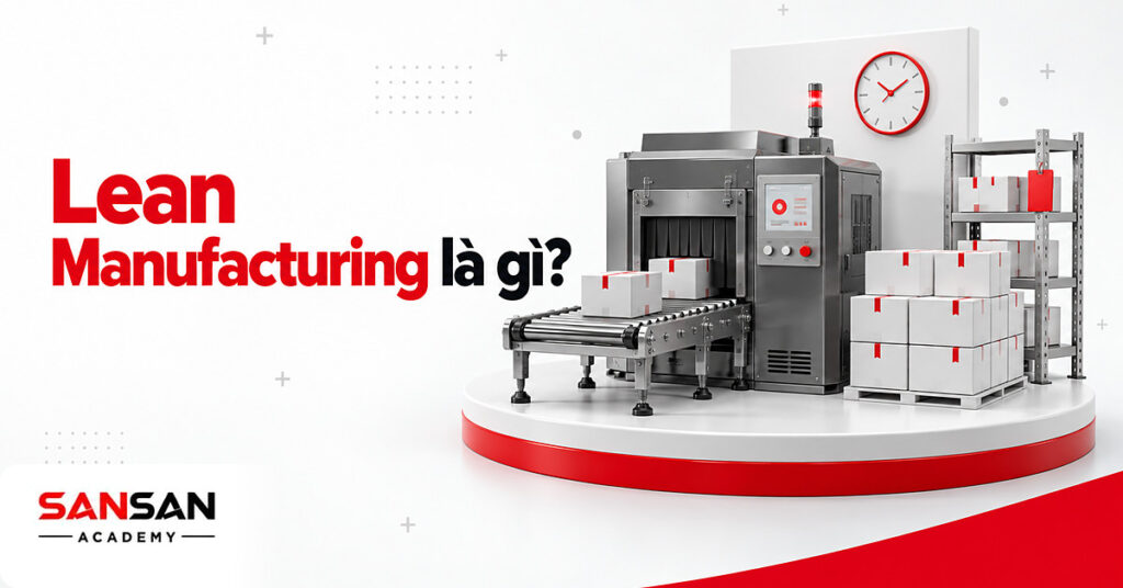 Máy sản xuất xám, băng chuyền hộp trắng, chồng hàng chờ và đồng hồ đỏ minh họa Lean Manufacturing