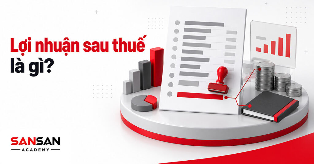 Bảng báo cáo kết quả kinh doanh có dòng lợi nhuận sau thuế màu đỏ ở cuối, cạnh con dấu thuế và chồng xu