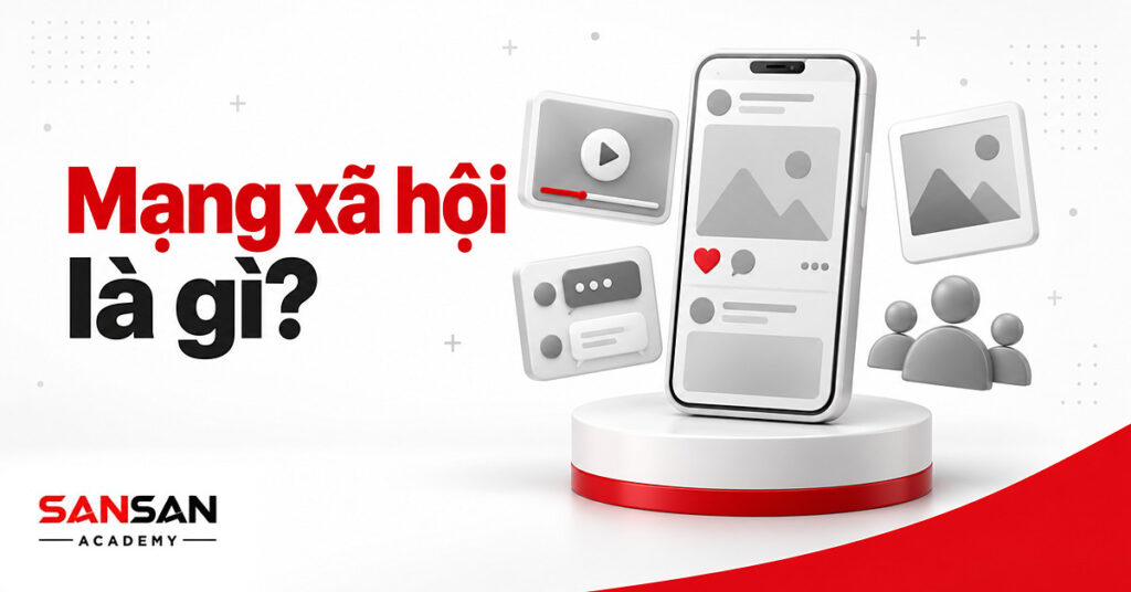 Điện thoại hiển thị bảng tin, khung chat, video và biểu tượng người dùng kết nối minh họa mạng xã hội