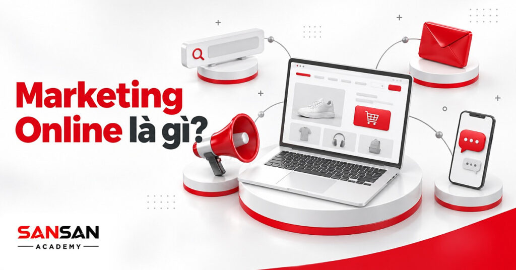 Laptop mở Website bán hàng giữa thanh tìm kiếm, phong bì, loa và điện thoại minh họa Marketing Online là gì